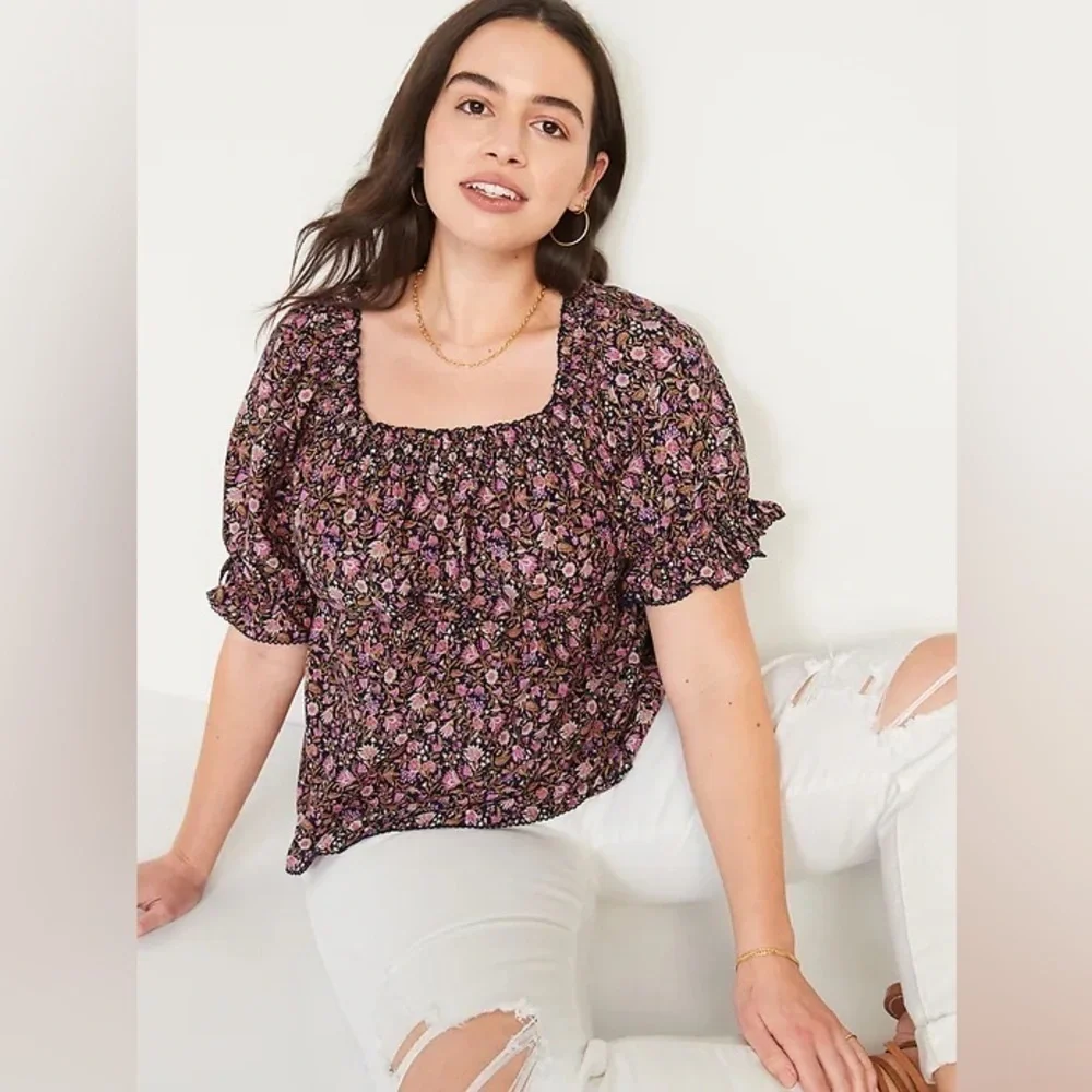 New Old Navy Square Neck Babydoll Top Puff Sleeve Floral CottageCore Peasant MD